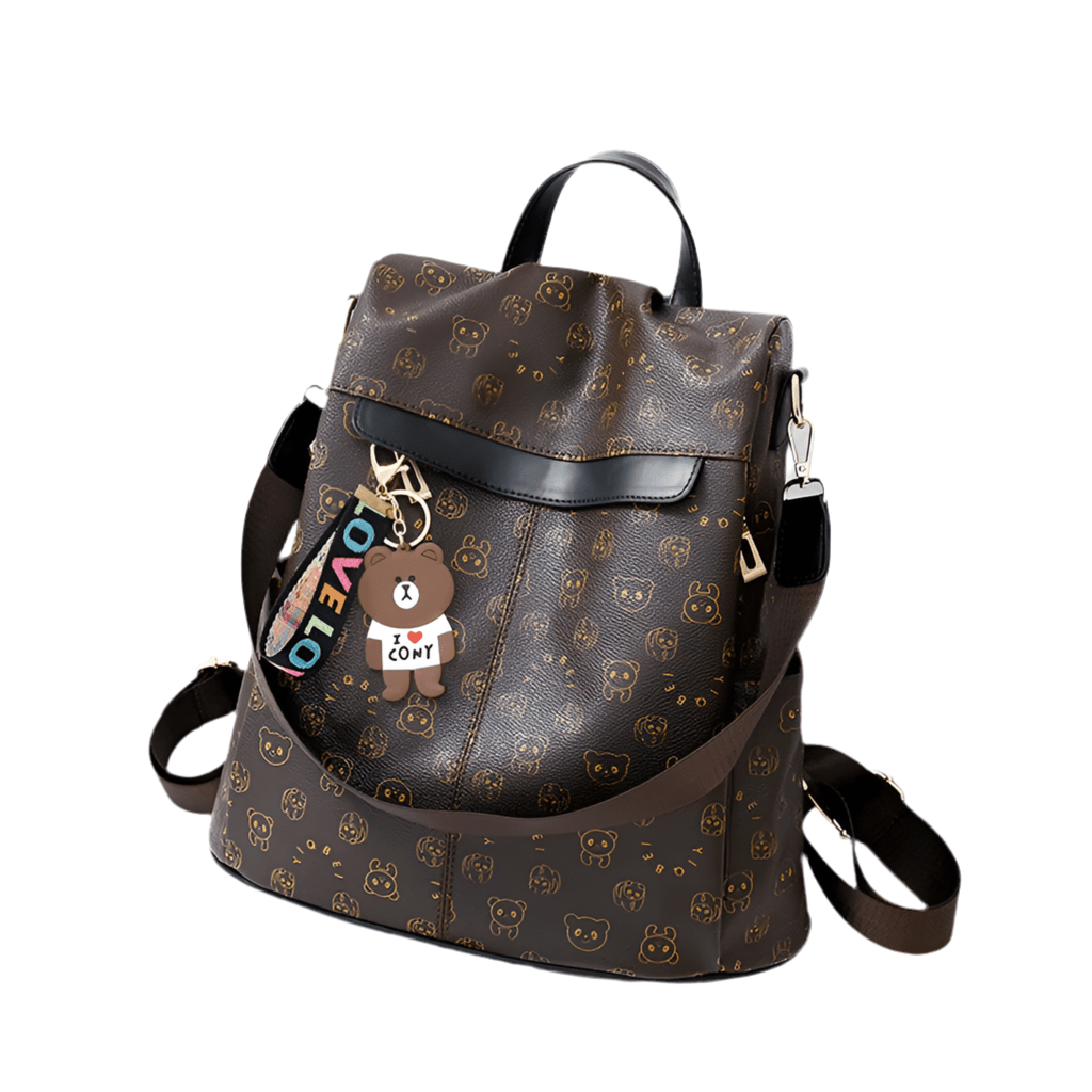 Rygsæk til kvinder i læder med tegneserie-bjørn Sort